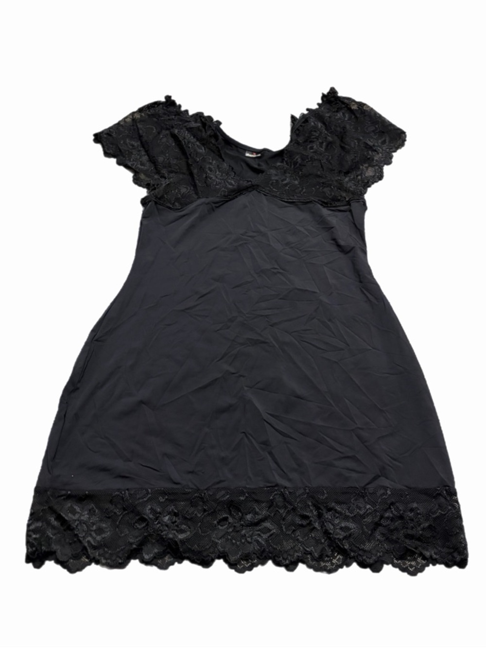90s European Vintage Lace Trim Babydoll Mini Slip Dress (Black) Size L/XL